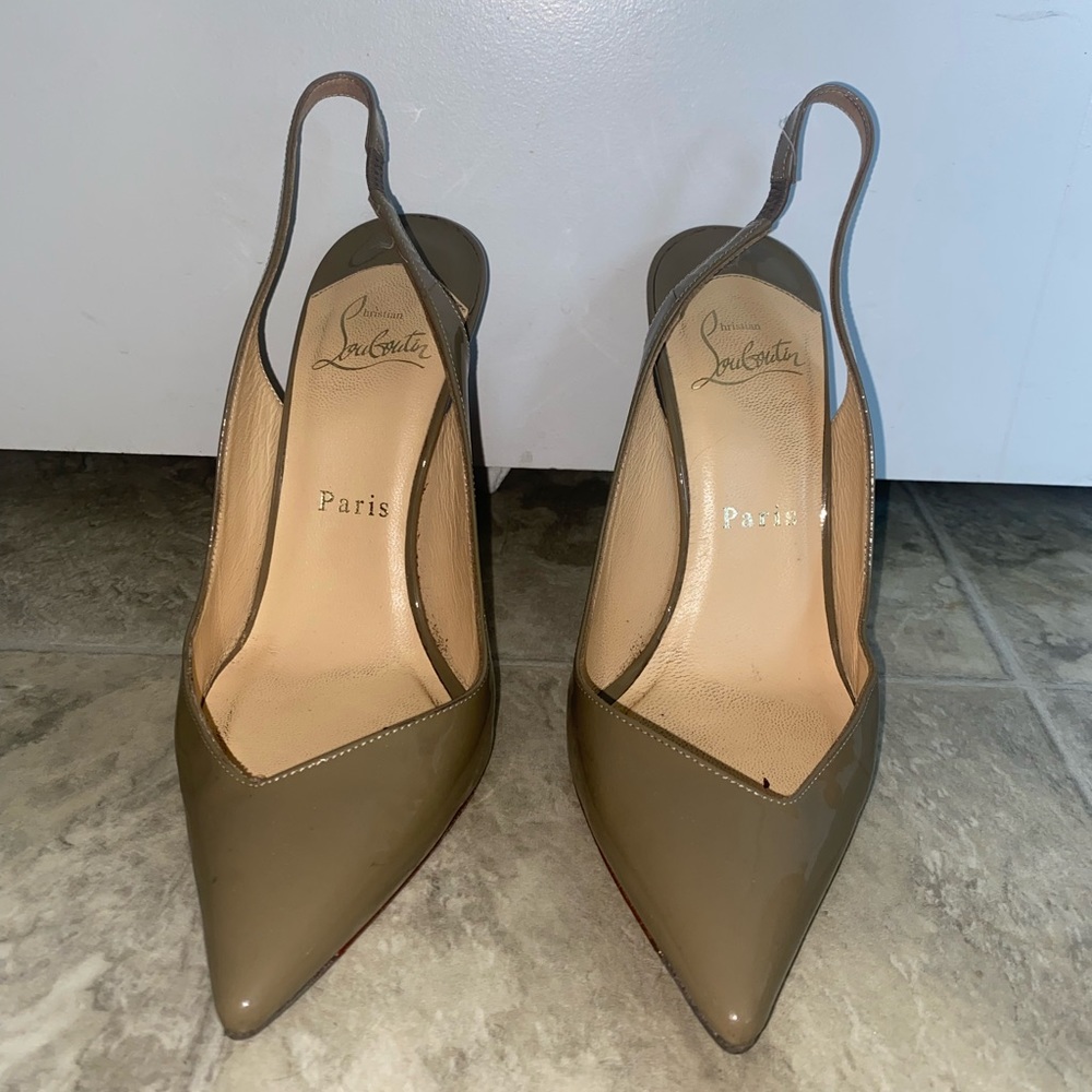 Christian Louboutin Olive Patent Leather Slingback Pointed Toe Heel